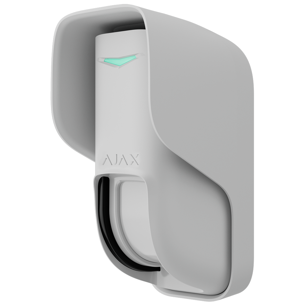 Detetor de tipo cortina exterior com PIR duplo tipo cortina e micro-ondas (24 GHz) Sem fios 868 MHz Jeweller, com Certificado de grau 2, gama de detecção 8-12 m e Antimasking, com alcance em espaço aberto de 1700 m